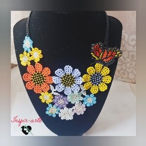 Colorful Floral Beaded Necklace with Butterfly Design